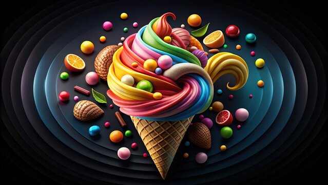 Vibrant ice cream loti with swirling colorful candy, set against a clean dark background, evoking sweet treats and indulgent summer vibes.
