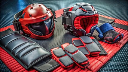 Close-up of various protective gear including helmet, gloves, and pads arranged on a mat, ready for intense martial arts or combat fighting training sessions.