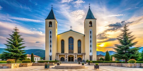 Majestic Catholic church with twin towers rises above tranquil Medjugorje village, Bosnia-Herzegovina, a revered pilgrimage site for devotion and spiritual reflection.