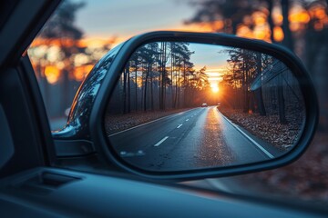 Modern car side mirror view for improved safety and visibility while driving on the road