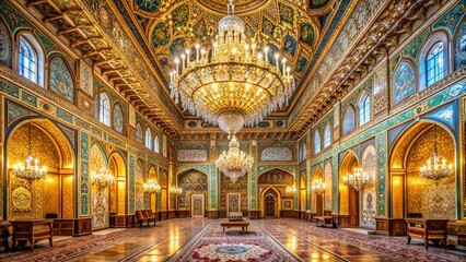 Obraz premium Opulent hall in Golestan Palace, Tehran, Iran showcases intricate ceiling design, majestic chandeliers, and ornate details, exuding historical elegance and luxury.