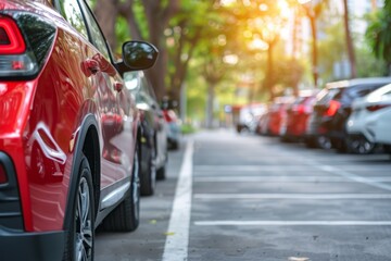 Naklejka premium Red Car Parked in a Row of Vehicles