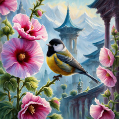 bird on a branch of flowers generative IA	