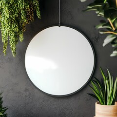 Stylish round mirror hanging on a wall with lush greenery, perfect for modern decor and adding depth to any space.