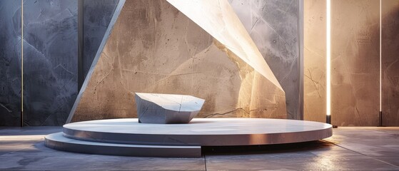 Modern 3D podium with a geometric design, accentuated by a light saber in the background
