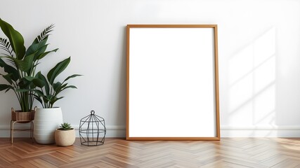 Blank Photo Frame Leaning in Minimalist Room with Plant Decor