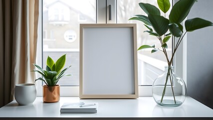 Fototapeta premium Blank Photo Frame Leaning on Window Bar with Coffee and Plants