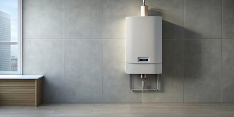 Gas water boiler mounted on a wall in a modern setting, gas appliance, heating, technology