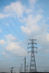 blue sky, summer clouds and electric line