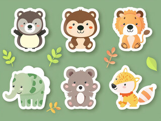 Fototapeta premium cartoon animals stickers cute bear dinosaur fox lion green background leaves decoration childish fun playful 