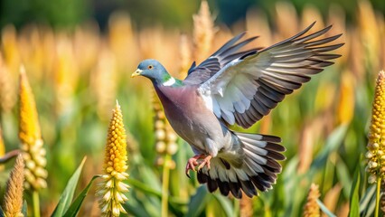 European wood pigeon landing in a corn field, pigeon, bird, wildlife, European, corn field, nature, landing, wings, feathers