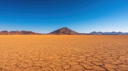 Vast Arid Desert Landscape with Cracked Earth and Distant Mountains Under Clear Blue Sky