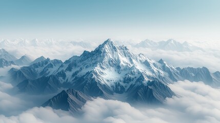 Majestic Snow-Capped Mountain Peak Rising Above Clouds in Serene Landscape with Clear Blue Sky