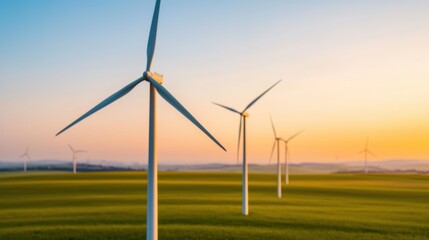Fototapeta premium Wind Turbines in a Green Field at Sunset with a Clear Sky, Renewable Energy Source, Sustainable Power Generation, Clean Energy, Environmental Conservation, Modern Technology, Eco-Friendly Landscape