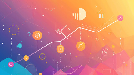 Obraz premium upward-trending financial graph with smooth curves and data points, set against a gradient backdrop with integrated icons representing financial growth, business or economy growth data statistics 