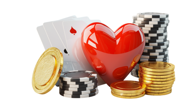 Heart with Poker Chips and Cards isolated on transparent background