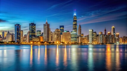 Obraz premium Panoramic view of Chicago skyline illuminated at night , Chicago, cityscape, urban, downtown, skyscrapers
