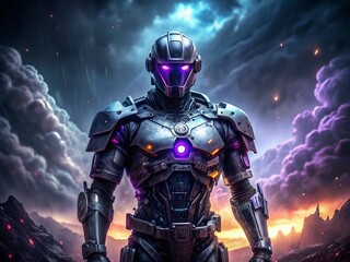 Naklejka premium Metallic robot soldier stands steadfast amidst stormy darkness, its glowing purple eye piercing through the turbulent atmosphere, exuding futuristic mechanized dominance and technological supremacy.