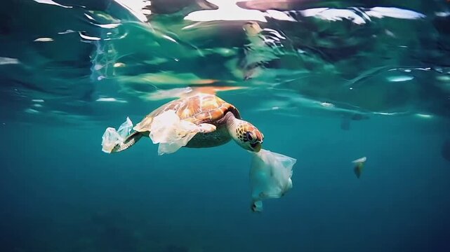 Sea turtle eating plastic bag in ocean
