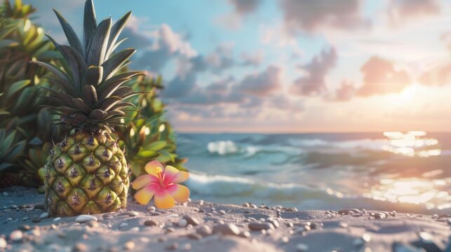Tropical Sunset with Pineapple and Flower