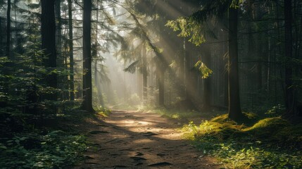 Sunlight Filtering Through a Misty Forest