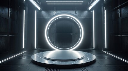 Elegant Modern Podium Showcase with Light Rays on Silver Abstract Background, Ideal for Product Presentations and Futuristic Event Designs