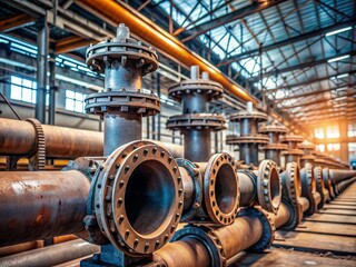 Rusted gray industrial steel pipes with bolts and valves, stacked horizontally in a row, against a blurred, out-of-focus industrial warehouse backdrop.