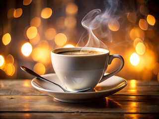 Obraz premium Steaming Coffee Cup on Wooden Table