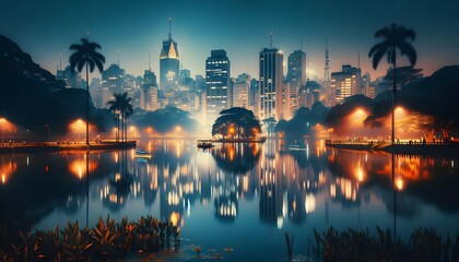 Fototapeta premium The patterns and colors from streetlights and buildings create an abstract effect at night, with glowing lights, contrasting shadows, and colorful reflections blending together, producing a dynamic an