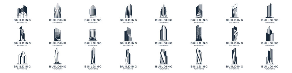 icon set building logo skyscraper symbol. architecture logo futuristic design.