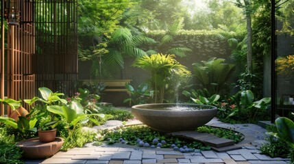 Tranquil Zen Garden Oasis with a Stone Fountain