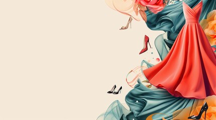 Fototapeta premium Red Dress with Heels and Fabric Swirls