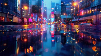 Obraz premium City Lights Reflected in a Rainy Street