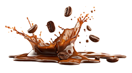 Coffee splash and flying coffee beans isolated on transparent background	
