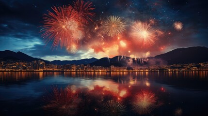Fototapeta premium Colourful fireworks red salute new year magic night traditional culture light effects show illuminating seasonal celebrate 
