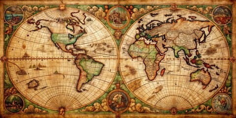 Fototapeta premium Vintage map of the world from 1635 featuring intricate s and old-world charm, cartography, geography, antique