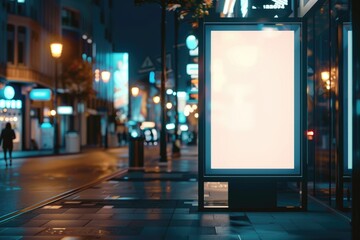 A bus stop on a city street at night, great for travel or urban scenes