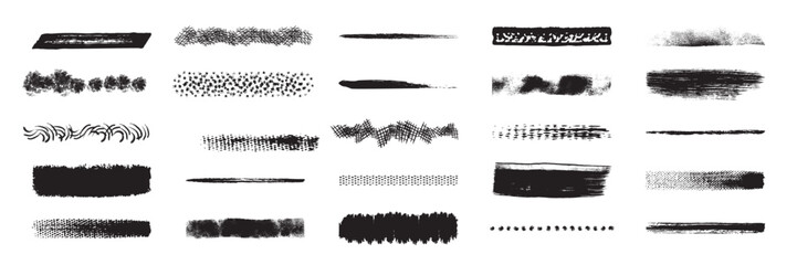 Ink brushstroke and paintbrush template with splashes grunge. Vector set black ink brush stroke. Dirty artistic design elements. Grunge splatter, dirt stain, brush with drops blots. Vector ink box