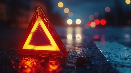 Warning Triangle on Wet Road at Night