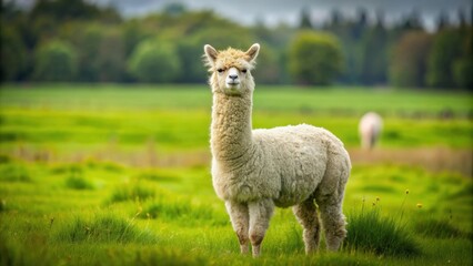 Fototapeta premium Fluffy and adorable alpaca standing in a green field, alpaca, woolly, furry, cute, llama, animal, farm, domestic