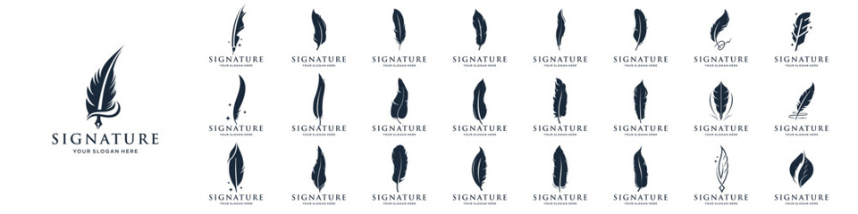 feather pen ink signature logo,Set of black feather icons isolated illustration. © ulhaq_std