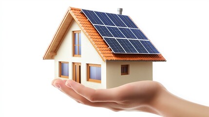 Hand-holding house isolated on a clear background with solar panels on the roof
