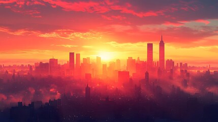 Fototapeta premium A bustling city awakening to the new day, with the sun's rays reflecting off skyscraper