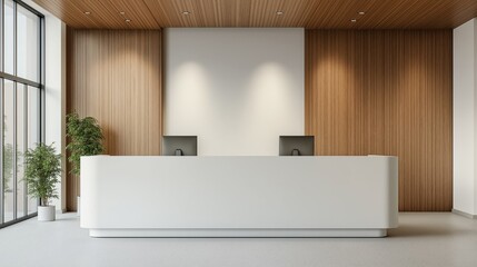 White, minimalist hospital reception counter with wooden walls