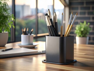 Customizable pen holder mockup with modern design, sleek color scheme, and ample space for branding, adding a touch of sophistication to any workspace setting.