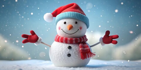 Fototapeta premium rendered snowman wearing Santa hat and gloves, snowman, Santa hat, gloves, holiday, Christmas, winter, render, festive, decoration