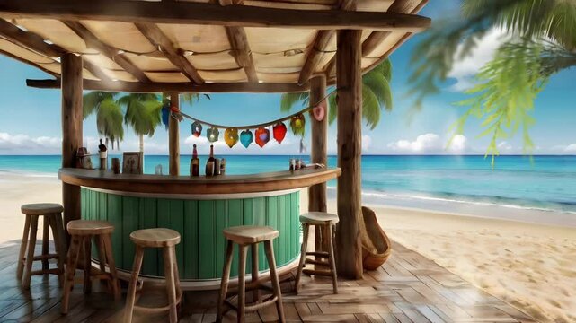 A simple, classic, vintage cafe with a coconut leaf roof on the beach. The relaxed and comfortable atmosphere adds to the aesthetics. Seamless 4K looping timelapse video animation generated AI