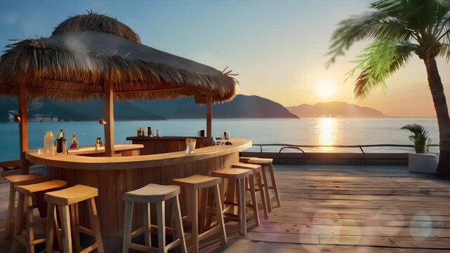A simple, classic, vintage cafe with a coconut leaf roof on the beach. The relaxed and comfortable atmosphere adds to the aesthetics. Seamless 4K looping timelapse video animation generated AI