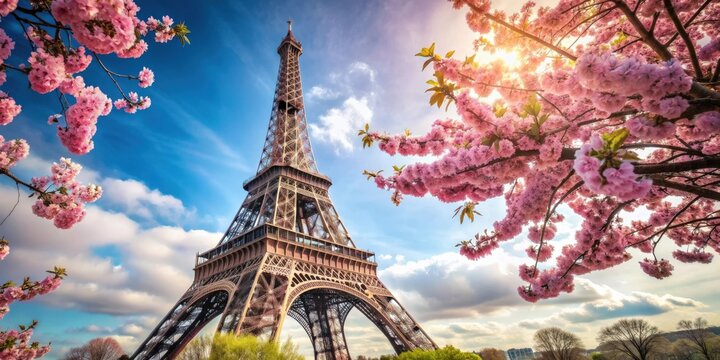 Eiffel Tower with blooming cherry blossoms in Paris, France, Eiffel Tower, springtime, Paris, France, cherry blossoms