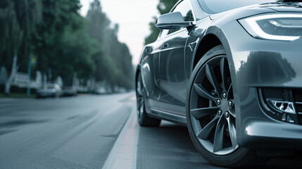 low angle view of a modern grey car on road